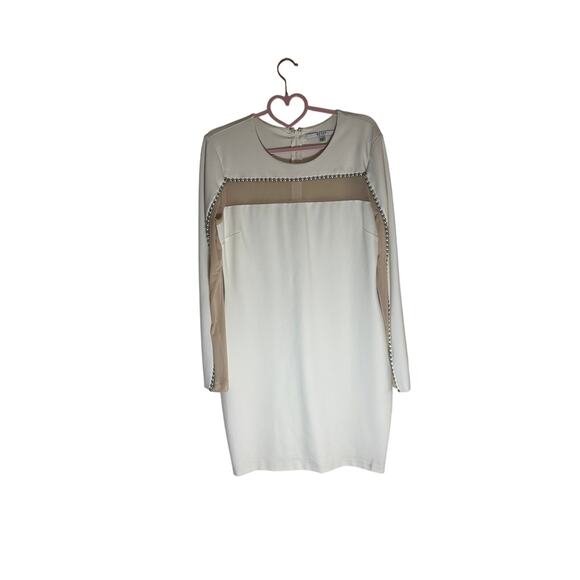 GUESS Women's Colorblock Mini Dress XL Long Sleeve White Nude Mesh Panel - Picture 2 of 11